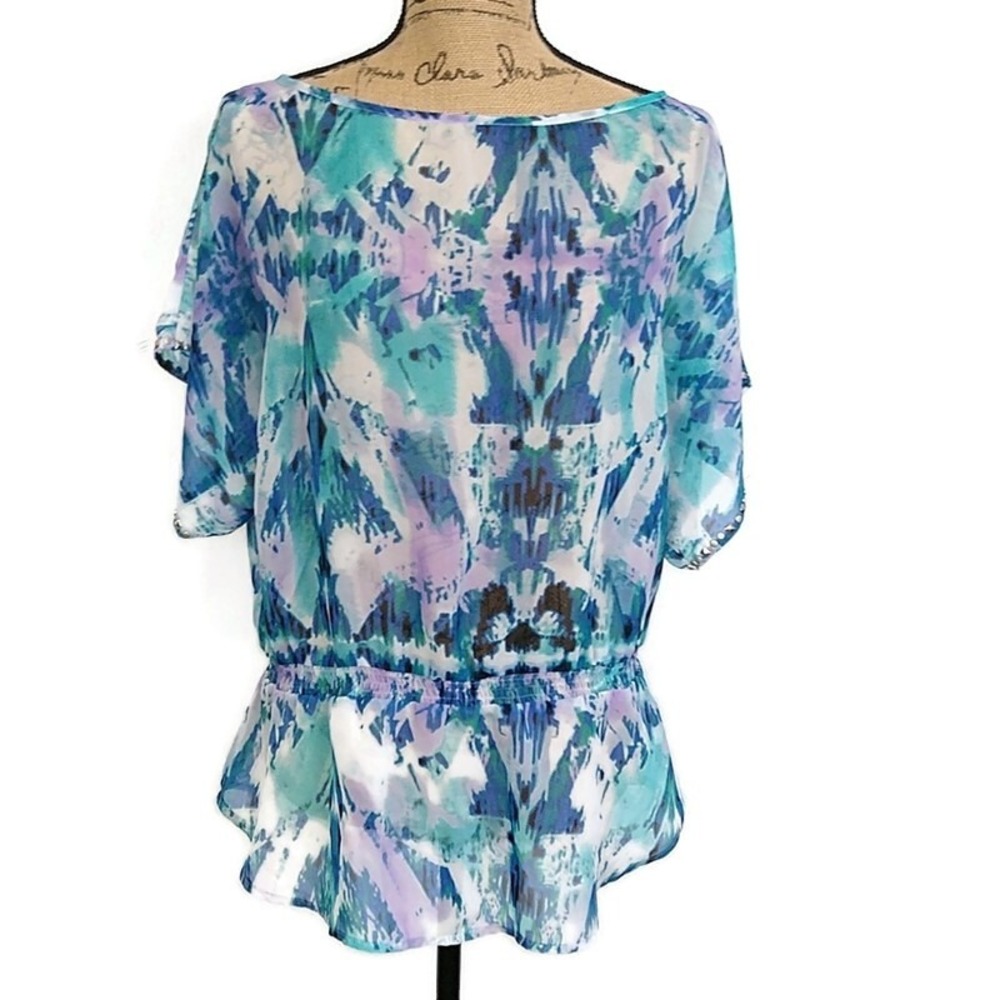 Rock & Republic Blouse Womens Medium Teal Blue Purple Ikat Studded Smocked Waist